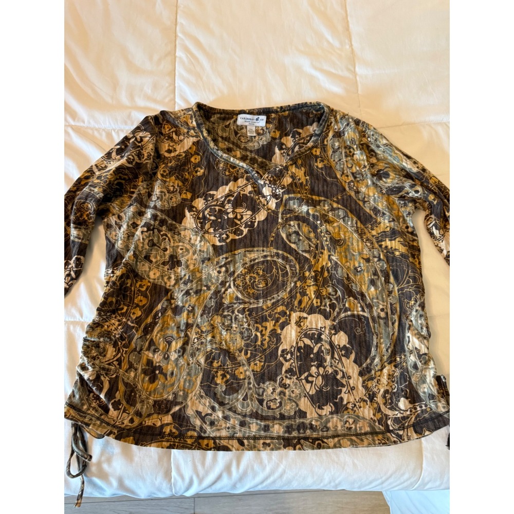 Caribbean Joe Petite XL Paisley Long Sleeve Cinch Side Top Brown Mustard PXL